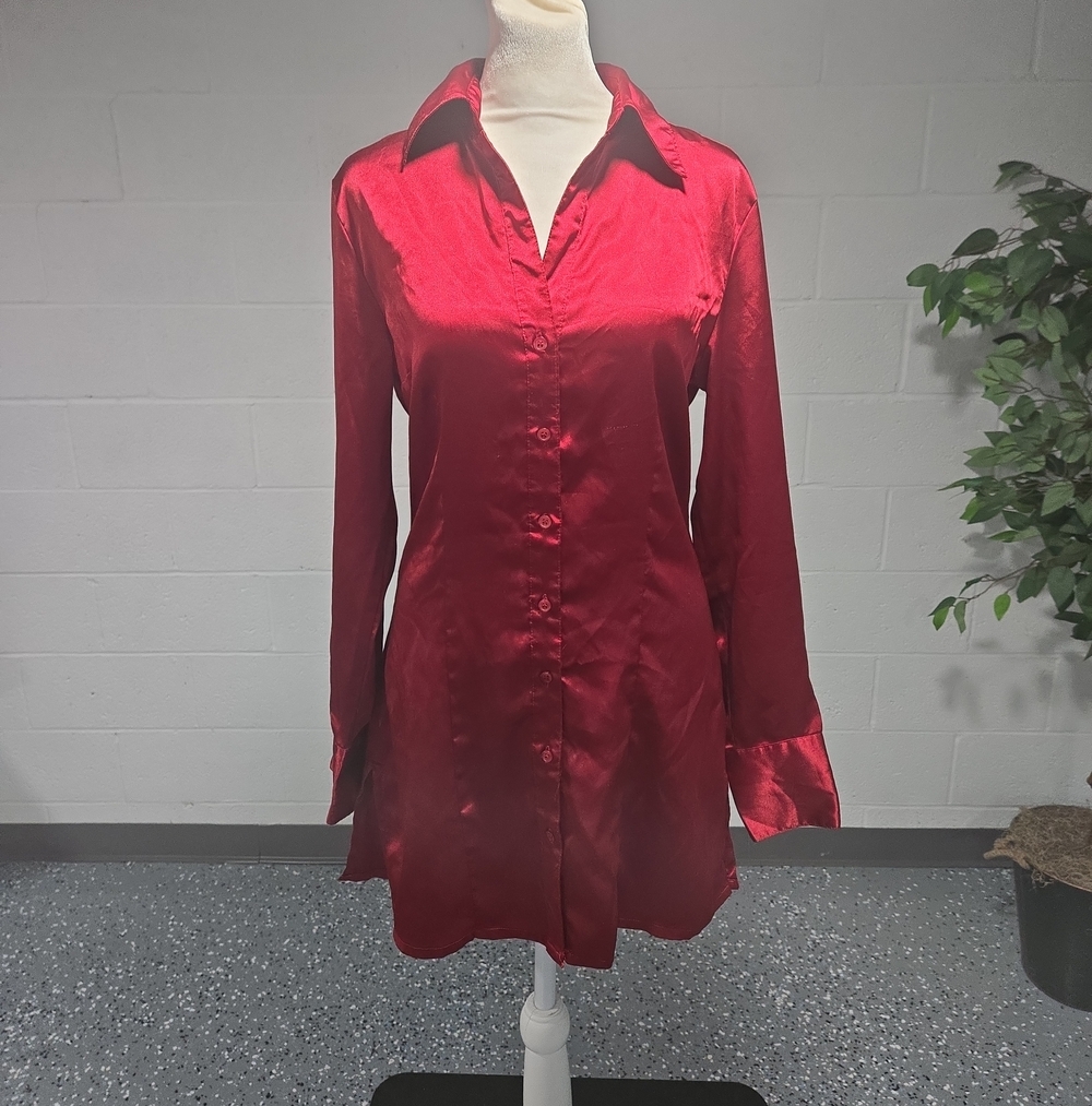 Worthington Stretch Satin Mini Shirt Dress Long Sleeve Sexy Mob Wife Red Small
